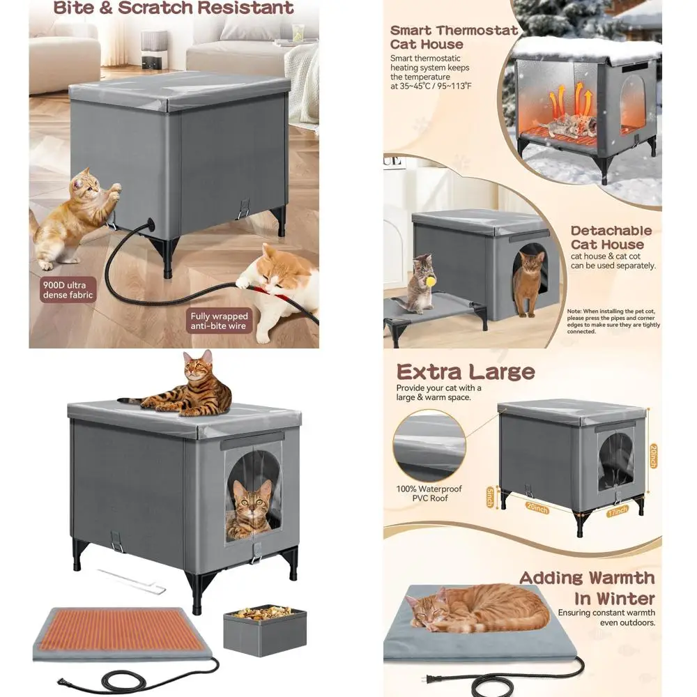 

Extra Large Foldable Insulated Outdoor Cat House with Waterproof Roof and Thermostatic Heating Pad for Winter