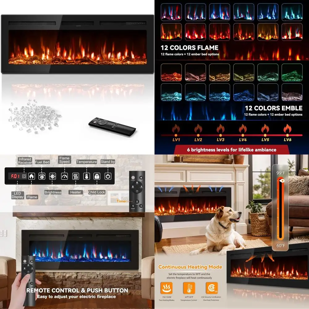 

50 Recessed Wall-Mounted Electric Fireplace Heater, 1500/750W with Remote, 60-99°F Adjustable Temperature