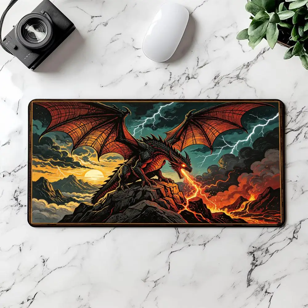 TCG Playmat Vintage Woodcut Fire Dragon Volcano Cliff Lightning Sunset Fantasy Art Premium Rubber Large Desk Mat Decor