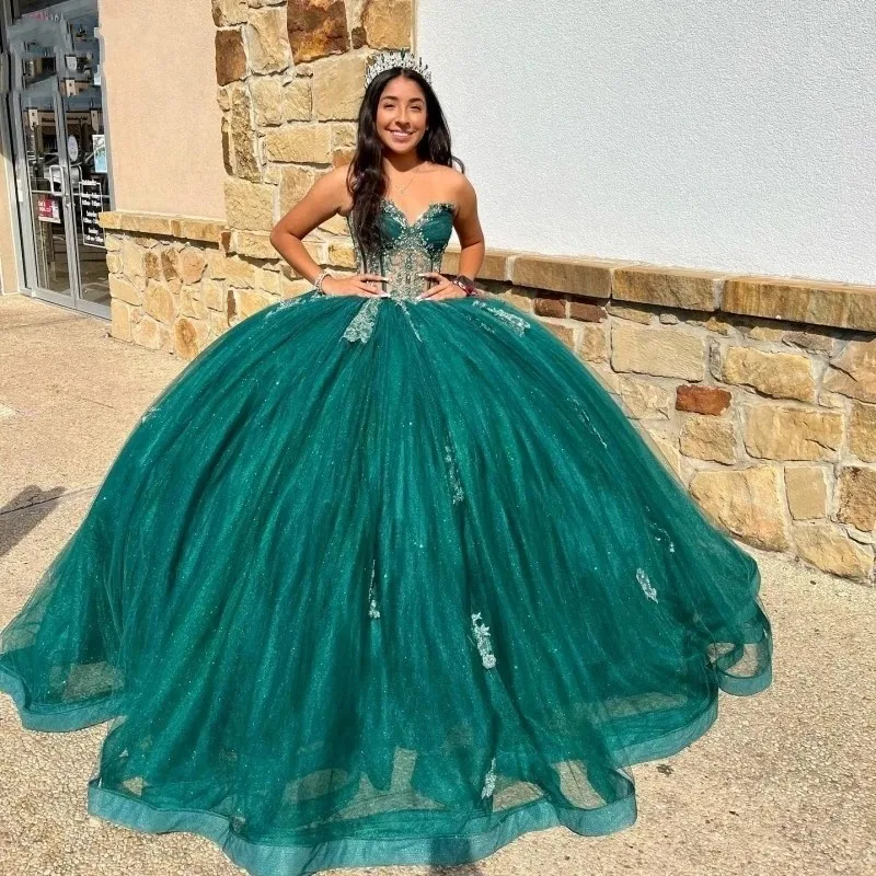 Angels bridep glitzernden Quince anera Kleid Perlen Spitze Gericht Zug Vestidos de 15 Años süße formale Geburtstags feier Ballkleid