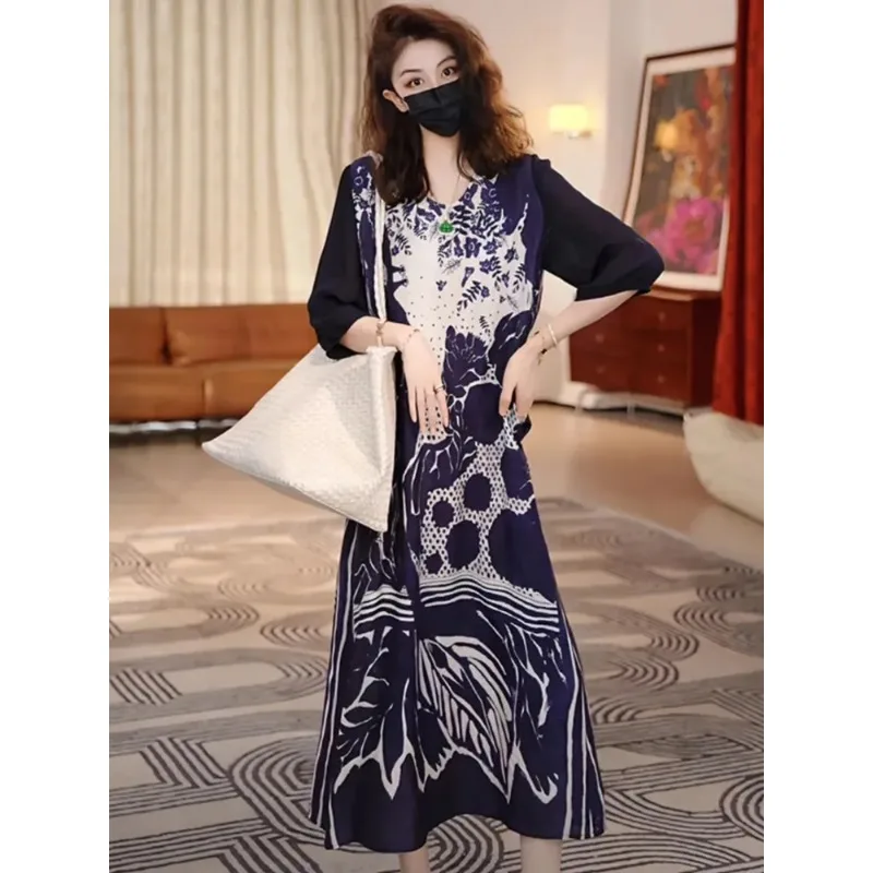 Fashion Dress Women's Loose Straight Stitching Positioning Flower Contrasting Casual Elegant Fake Two-piece Printed Retro Dress