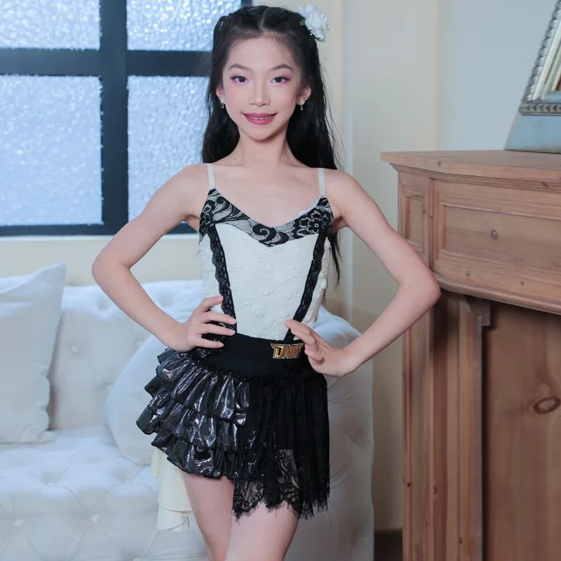 Customized Latin Dance Suit Practice Dress Girls Competition Performance Dress White Top+black Three-layer Cake Skirt Split Set