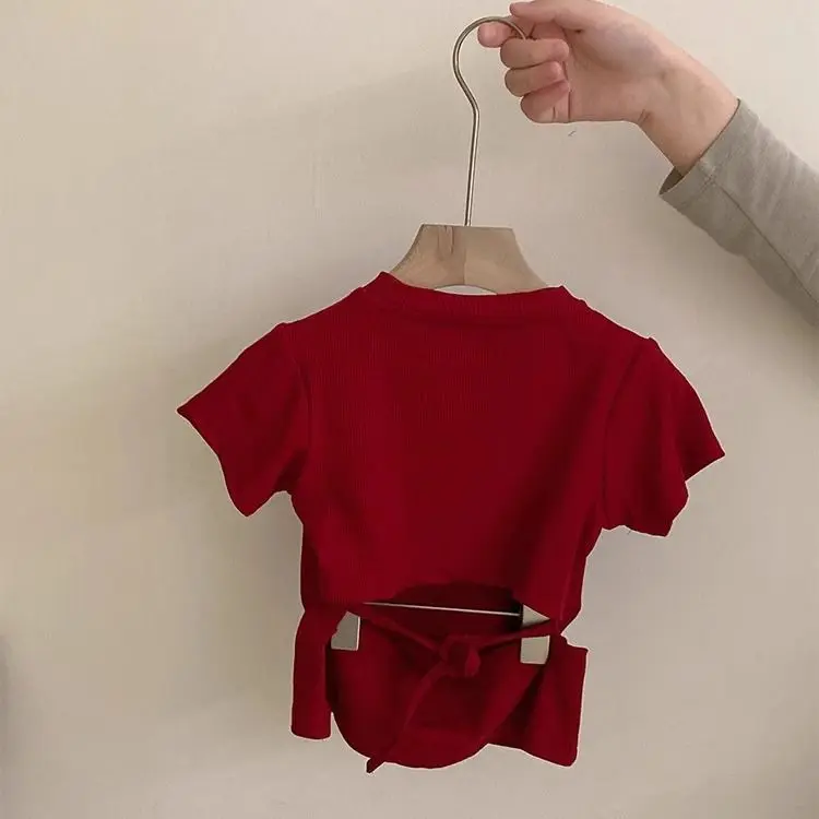 Baby Girl Korean Irregular Slim Fit Short Back Design Short Sleeved T Shirt with Girls Temperament Top