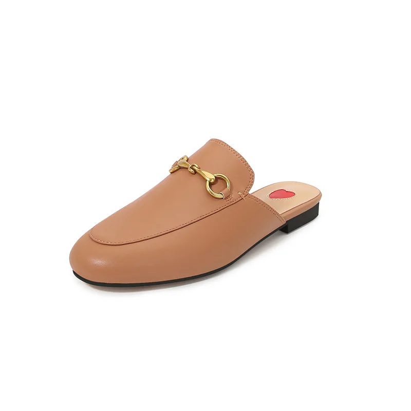 Soild Leisure Style Round Toe Outdoor Summer Women Slippers With Metal Chain Chunky Low Heels Slip On Design Comfortable Mules