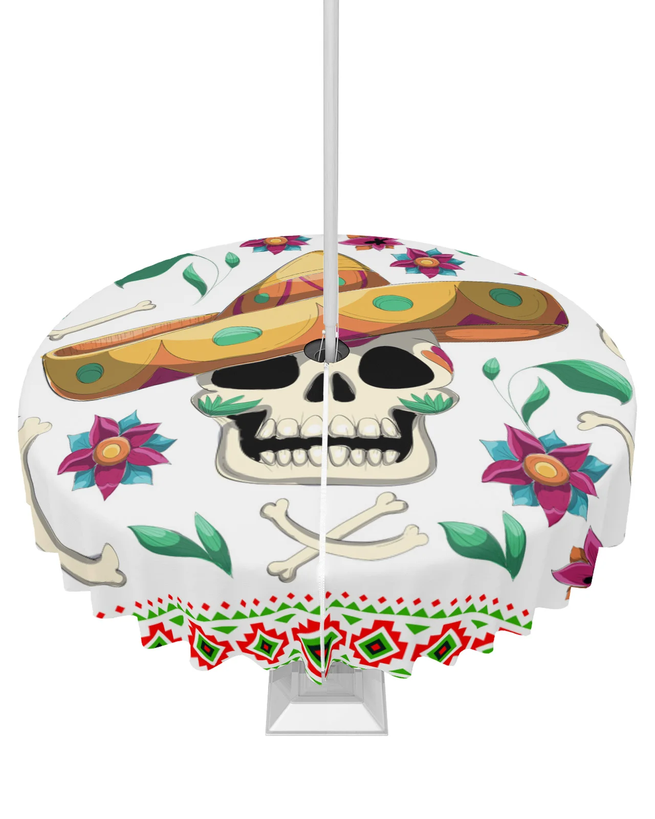 Mexico Skull Straw Hat Flower White Outdoor Tablecloth with Umbrella Hole Zippered Waterproof Picnic Patio Round Table Cover