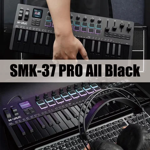 M-VAVE SMK-37 PRO 37-Key MIDI Controller Black - 16 RGB Pads 8 Knobs Built-in Synthesizer Portable Music Production Keyboard
