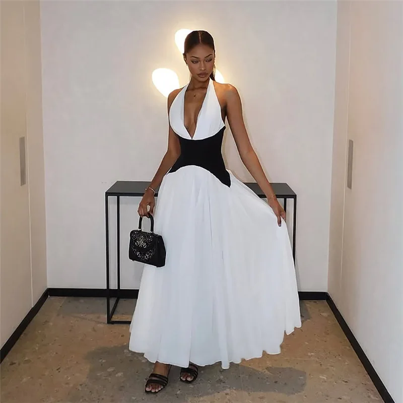 

Faionable Sexy Maxi Dr Hanging Ne V-Ne Color Blo Waist Cinching Long Skirt High Waist ort Pants Other Fabric