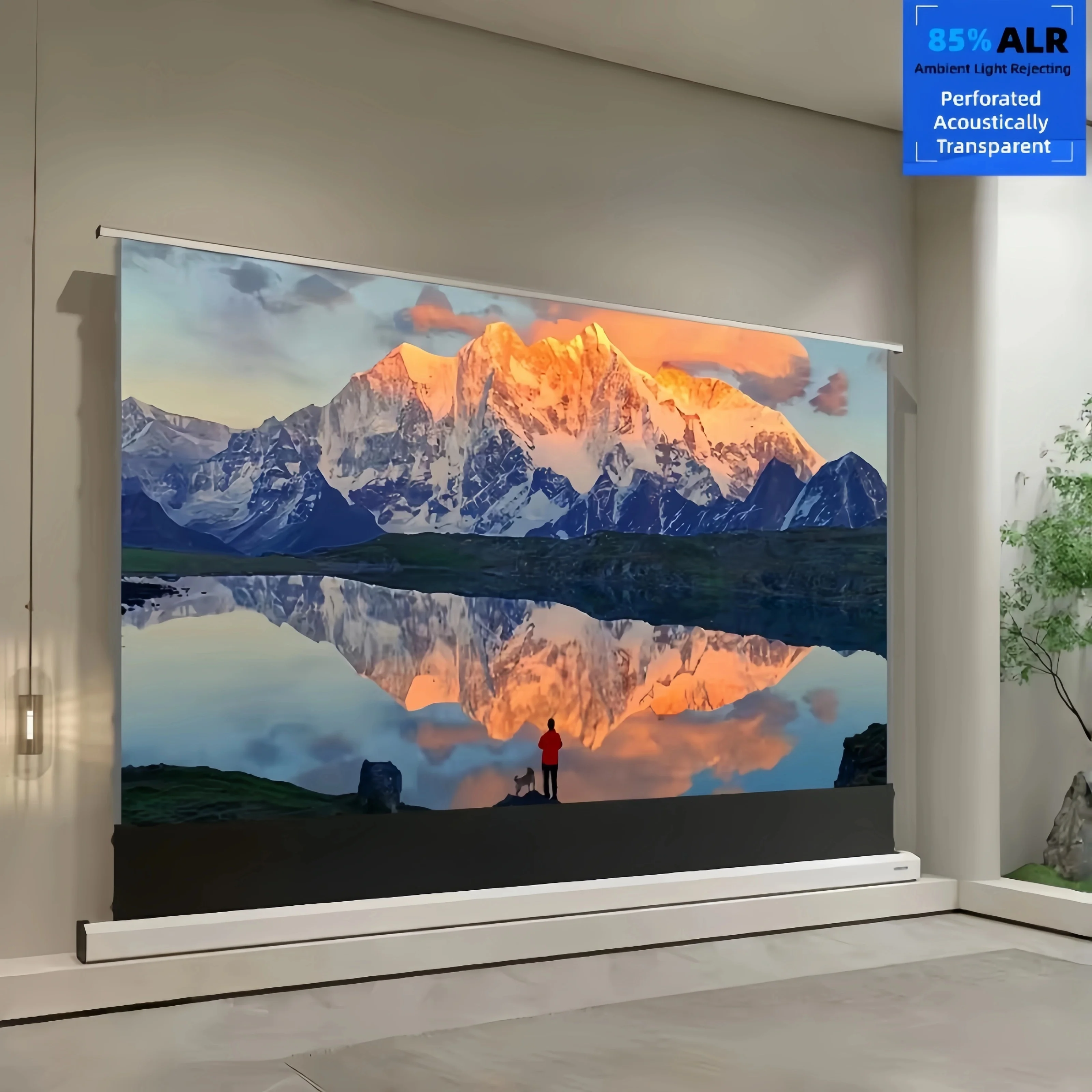 Motorized Floor Rising Screen, Anti-Light Perforated Material for Superior Sound, Easy Remote Control, Perfect for 4K Projection