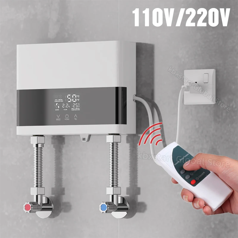 110V 220V Instant Water Heater Bathroom Kitchen Wall Mounted Electric Water Heater LCD Temperature Display with Remote Control