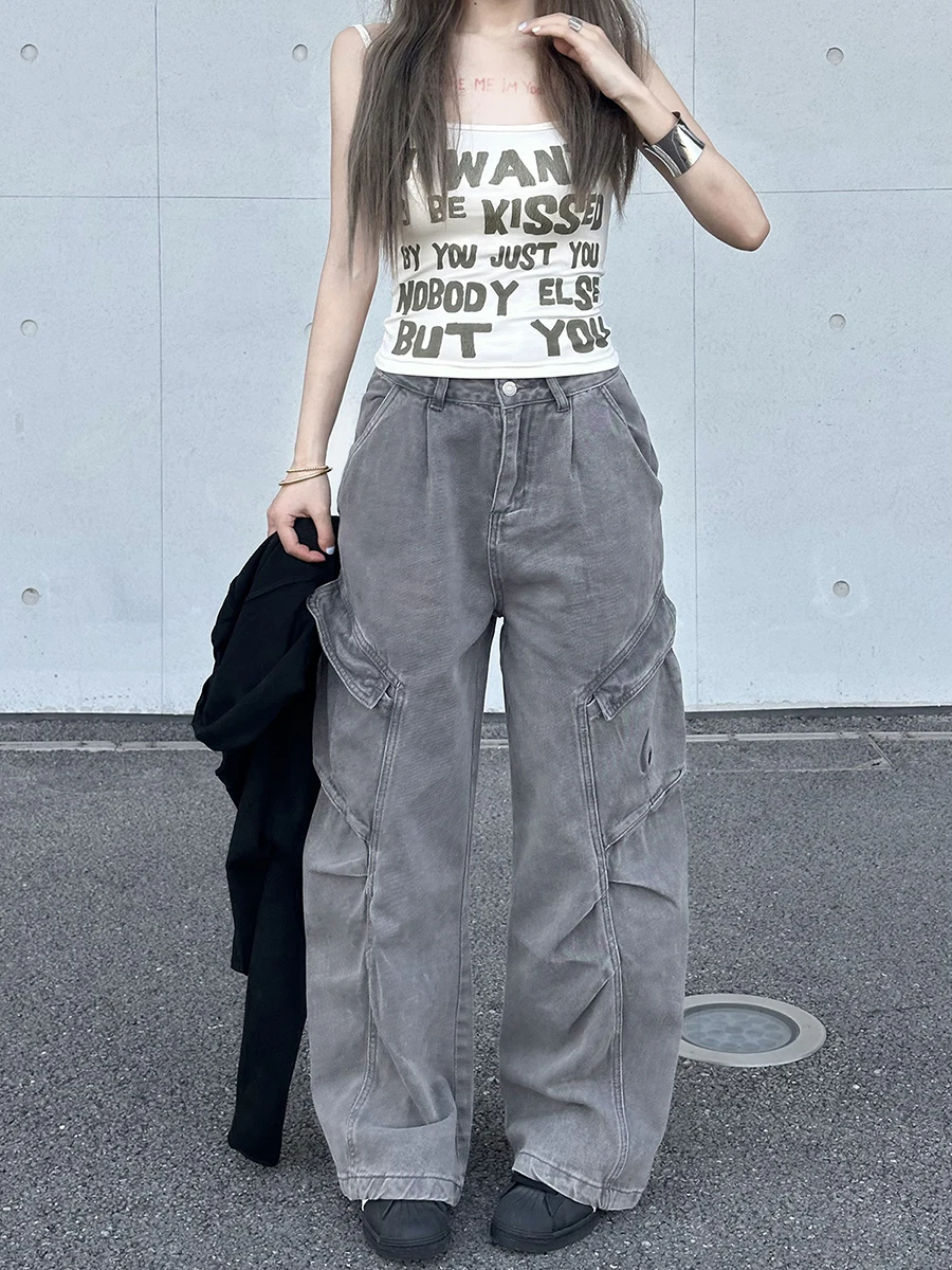 

Американские универсальные плиссированные джинсовые брюки с множеством карманов, женские прямые широкие брюки с высокой талией, длинные брюки