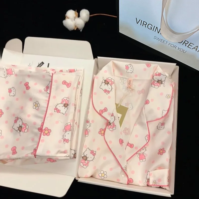 

Sanrio Hello Kitty Women Sleeping Pajamas Sets Kawaii Cartoon Spring and Autumn Long Sleeve Pants Sleepwear Sexy Home Clothes