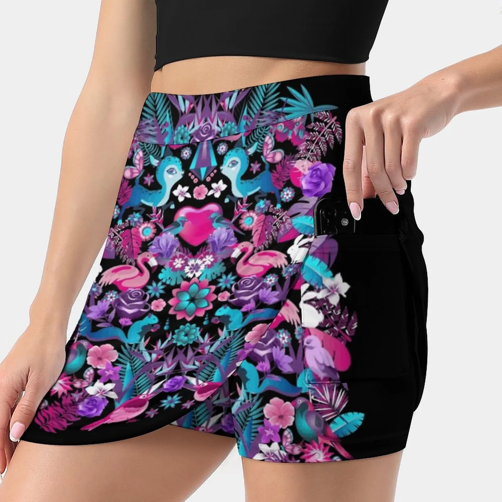 Forest Paradise New Women Skirts Double-Layer Printed Short Dress Mini Sport Skirt Animal Vector Collage Ladies Short Skirt