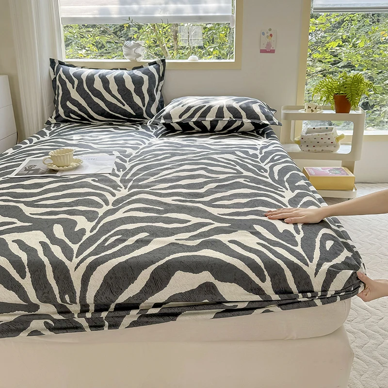 Bed Sheet with Elastic Band Zebra Stripes Printed Fitted Bed Sheet Queen Size Bed Sheets Sets High Quality Single Sheets for Bed