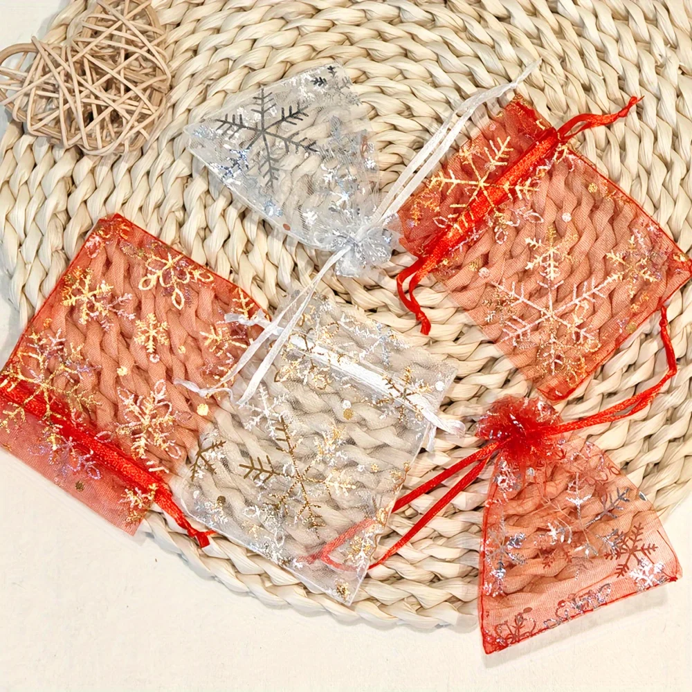 50pcs 3.54x4.72 Inch Snowflake Tulle Gift Bags with Drawstring Closure - Elegant New Yaer Party & Wedding Jewelry Packaging