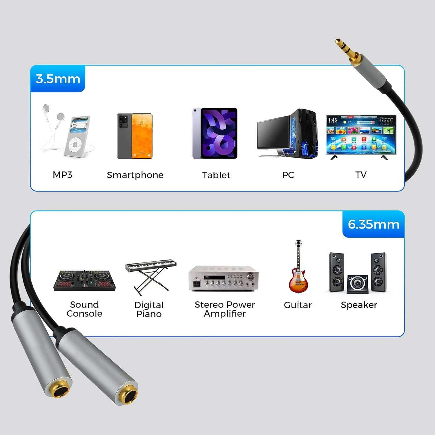 3.5mm TRS to Double 6.35mm Stereo Adapter Cord 1/8 inch Male to Dual 1/4 inch Female Jack Audio Extension Cable 30cm