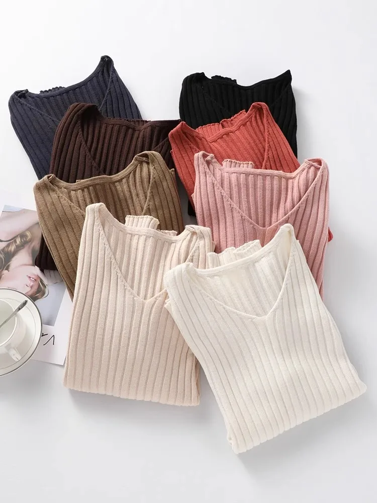 

Autumn Winter Women Sweaters Casual Long Sleeve Knitted V Neck Pullover Femme Basic Solid Slim Tops Fashion Versatile Sweater