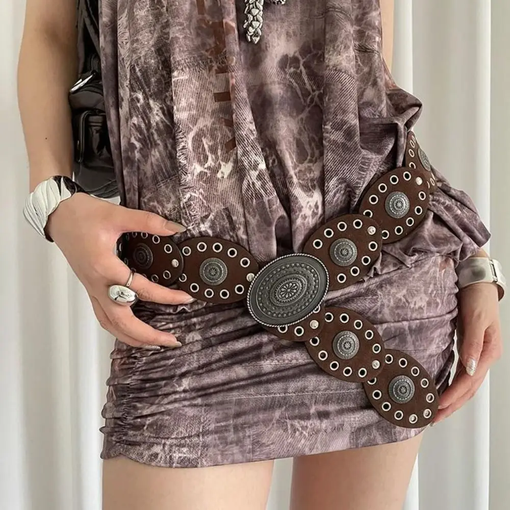 

Exaggerated Vintage Women's Belt Y2k Black Brown Oval Waist Belt Pu Leather Punk Dress Jeans Belt Spicy Girls
