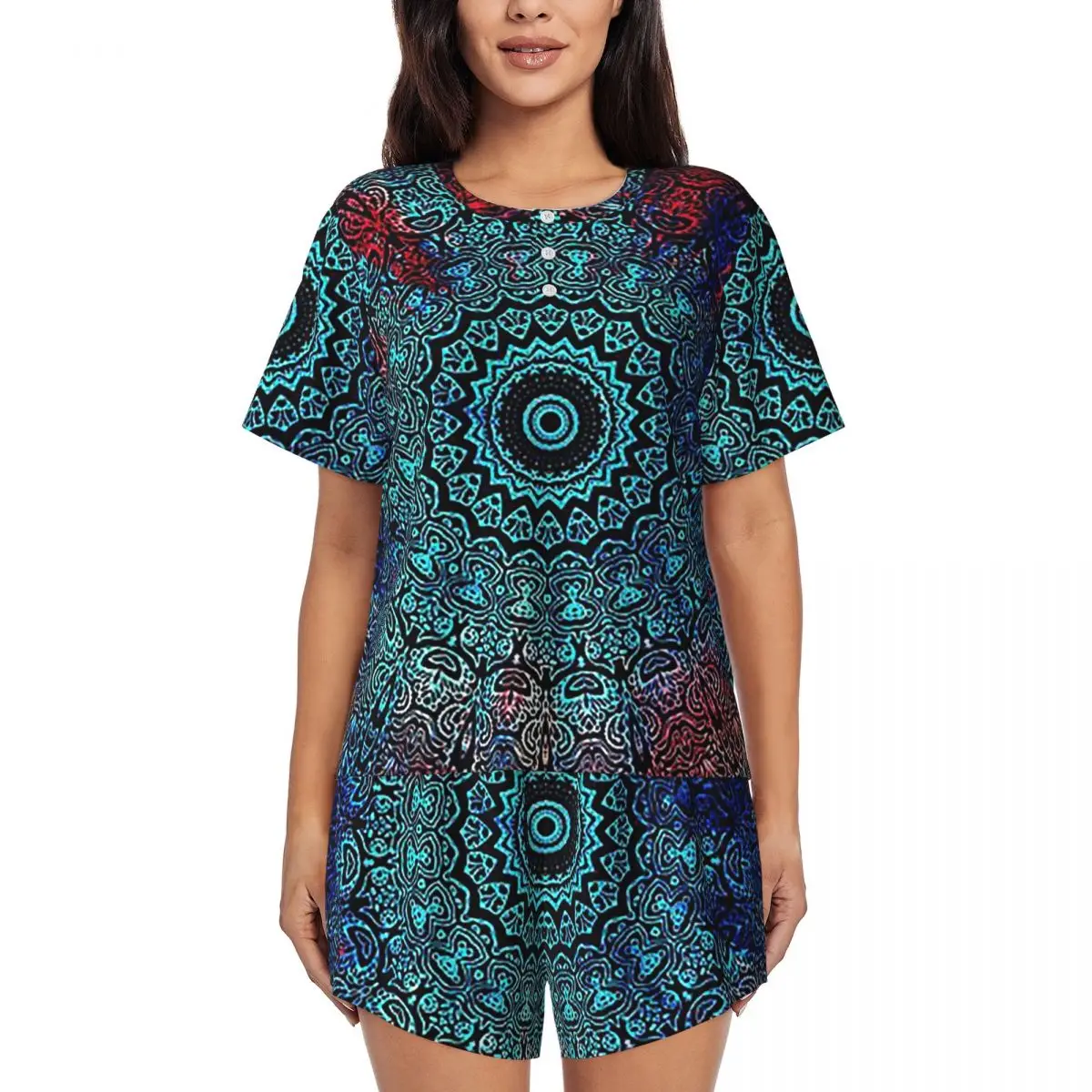 

Bohemian Passion Mandala Zen Yoga Meditation Round Neck Short Sleeves Nightdress for Sleeping Women Loose Pajama Set Short Pants