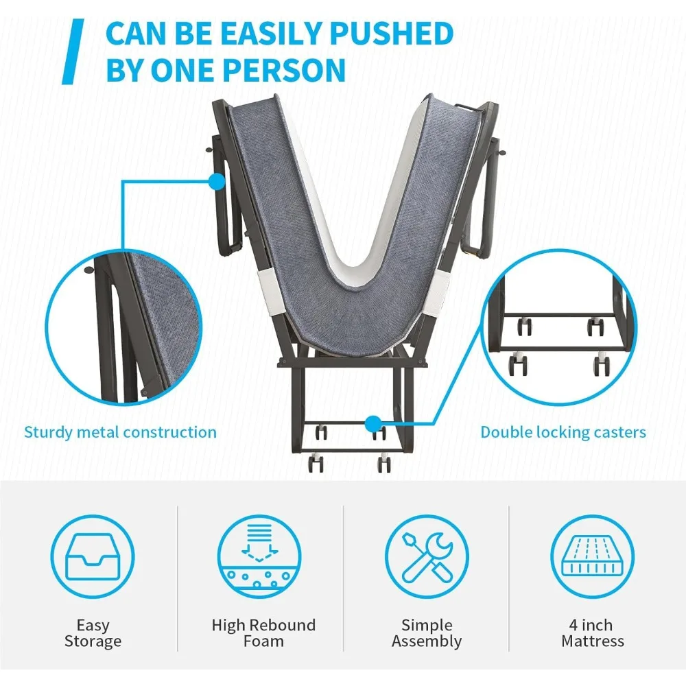 เตียงพับสำหรับผู้ใหญ่พร้อมที่นอน - เตียงแขกแบบมีล้อเลื่อน 75 x 31 นิ้ว, เตียงพับได้แบบพกพาพร้อมล้อล็อคได้, โครงโลหะแข็งแรงทนทาน