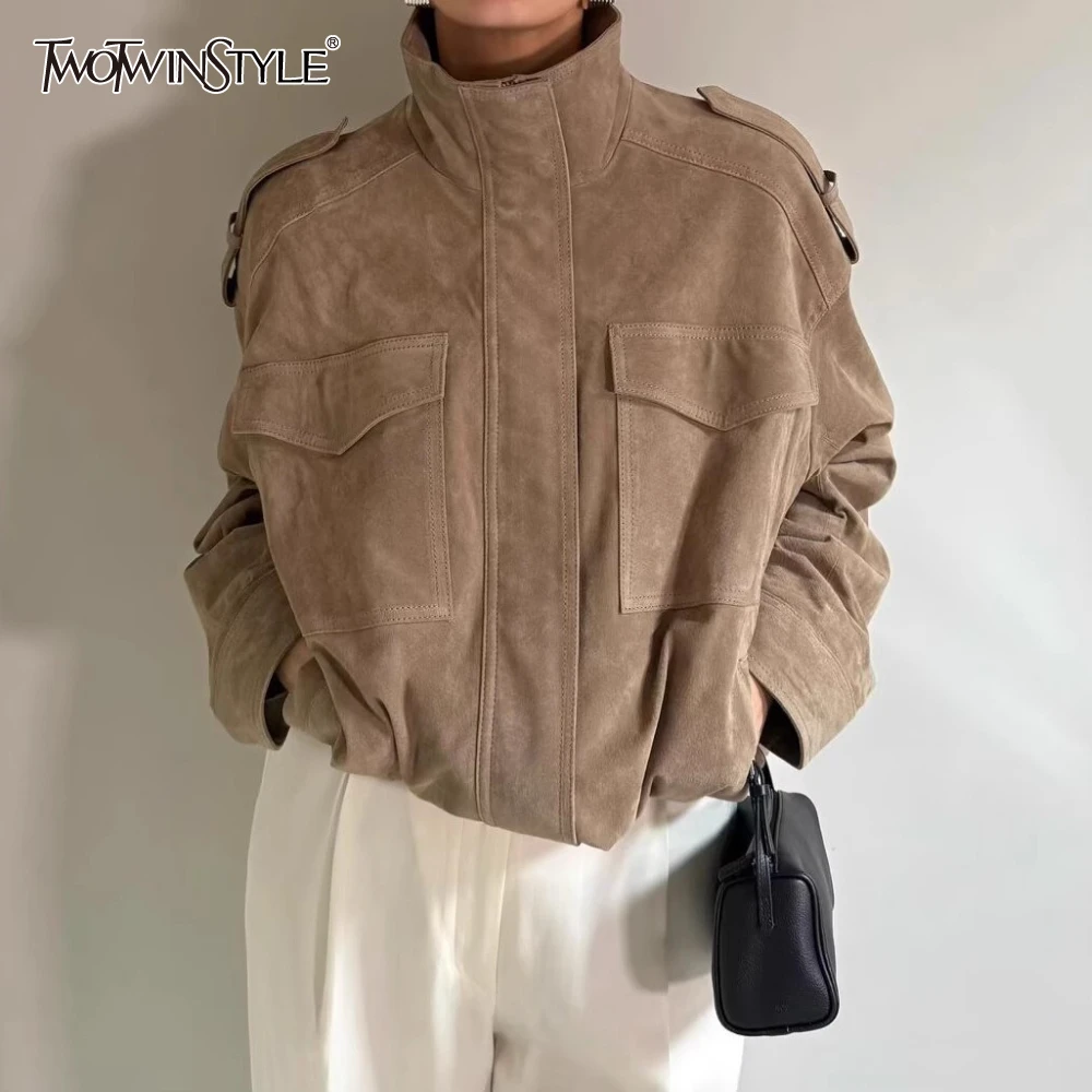 

TWOTWINSTYLE однотонная минималистичная куртка с карманами, женские свободные куртки с лацканами и длинными рукавами в американском стиле ретро, осенняя мода