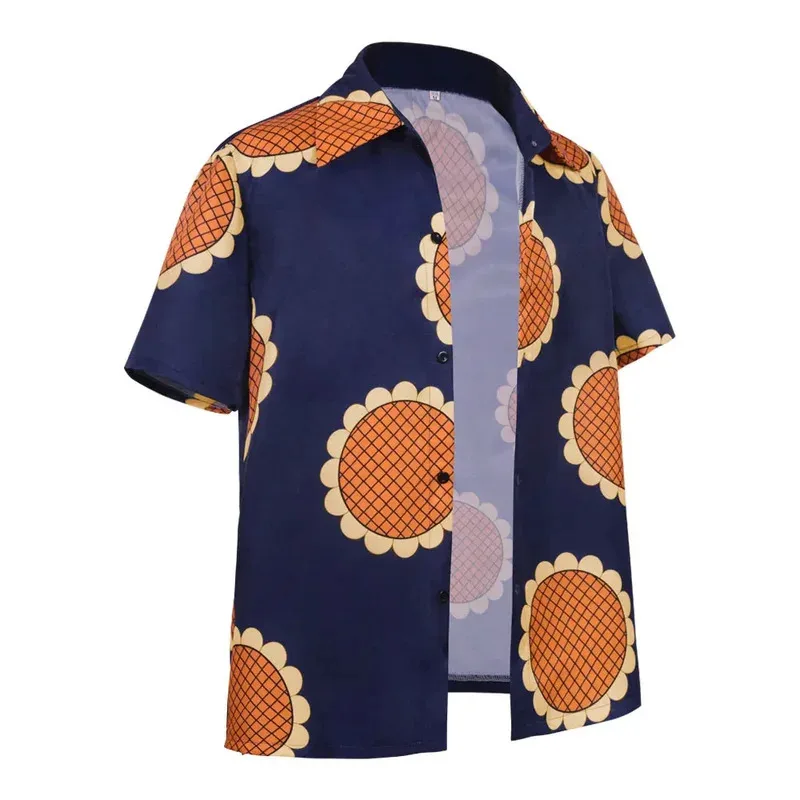 ผู้ชายอะนิเมะคอสเพลย์ฤดูร้อนดอกทานตะวันพิมพ์สีฟ้าลำลองเสื้อ-ปาร์ตี้ฮาโลวีนลูฟี่หมวกฟางเสื้อสูท f14f,