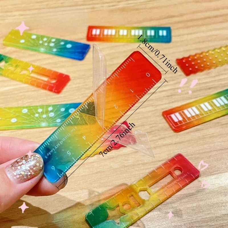 5Pcs Colorful Iridescent Cartoon Palm Ruler Mini Straight Ruler Student Notebook Pocket Portable Gradient Measuring Tool