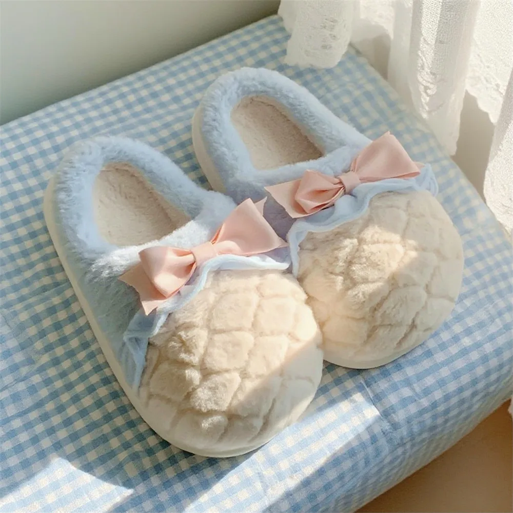 

New bow plush soft fluffy slippers women's autumn and winter fashion warm indoor home soft sole light non-slip shoes