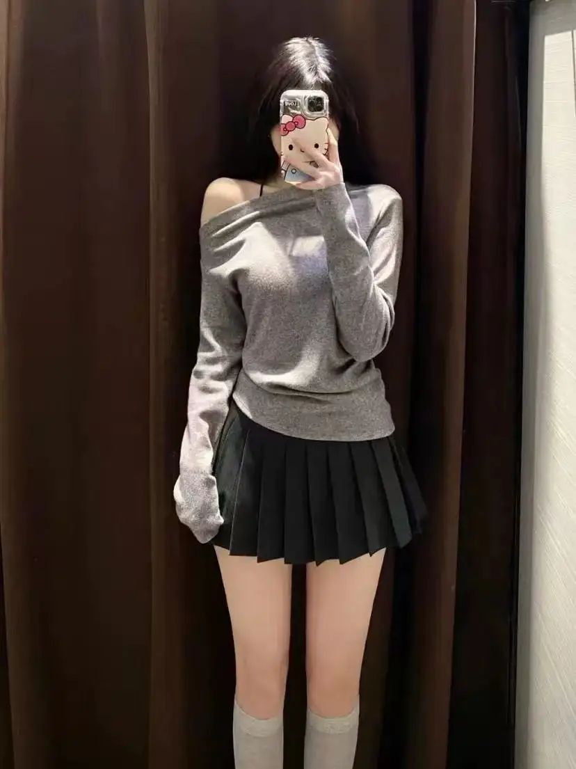 

Женская футболка Bla с окантовкой на плечах Long Sve, асимметричный косой воротник, базовый слой, топ, весна-осень, Новое поступление, хлопковые слипоны...