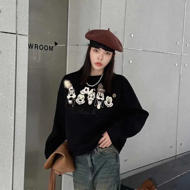 Disney Mickey Minnie Hoodie Cartoon Donald Duck Embroidery Flocking Pullovers Losse Thicken Sweatshirts Women Streetwear Tops