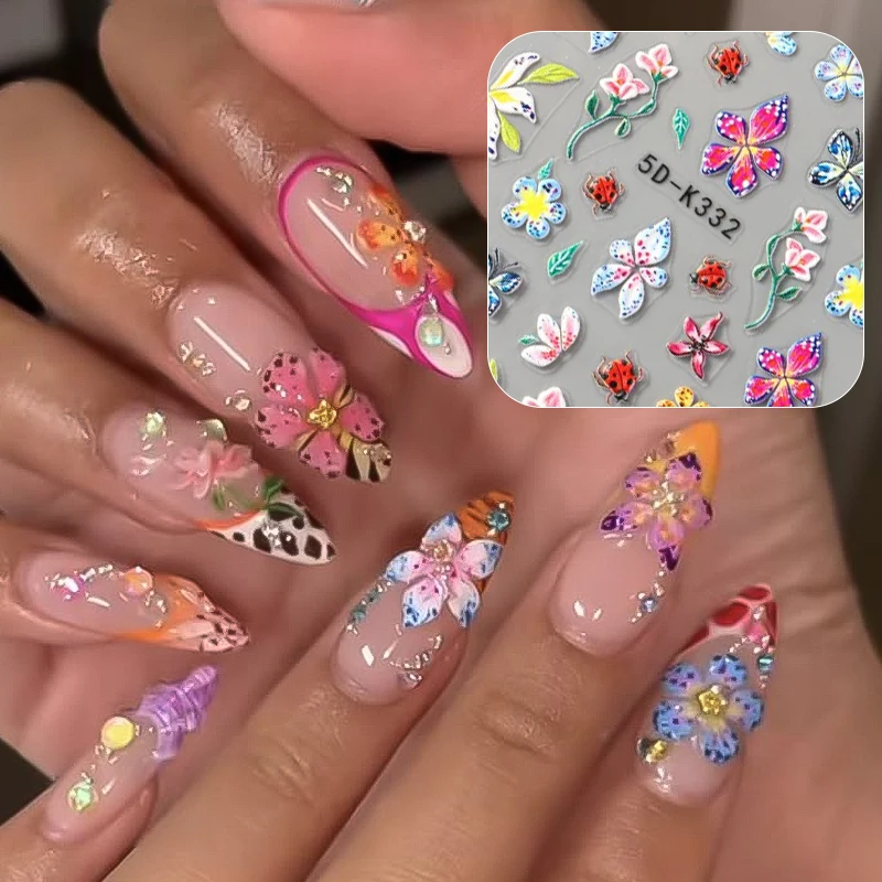 5D Embossed Orchid Sticker Fairy Nail Decals Jelly Nail Art Decorations Acrylic Adhesive Gel Sliders Manicure Accessories