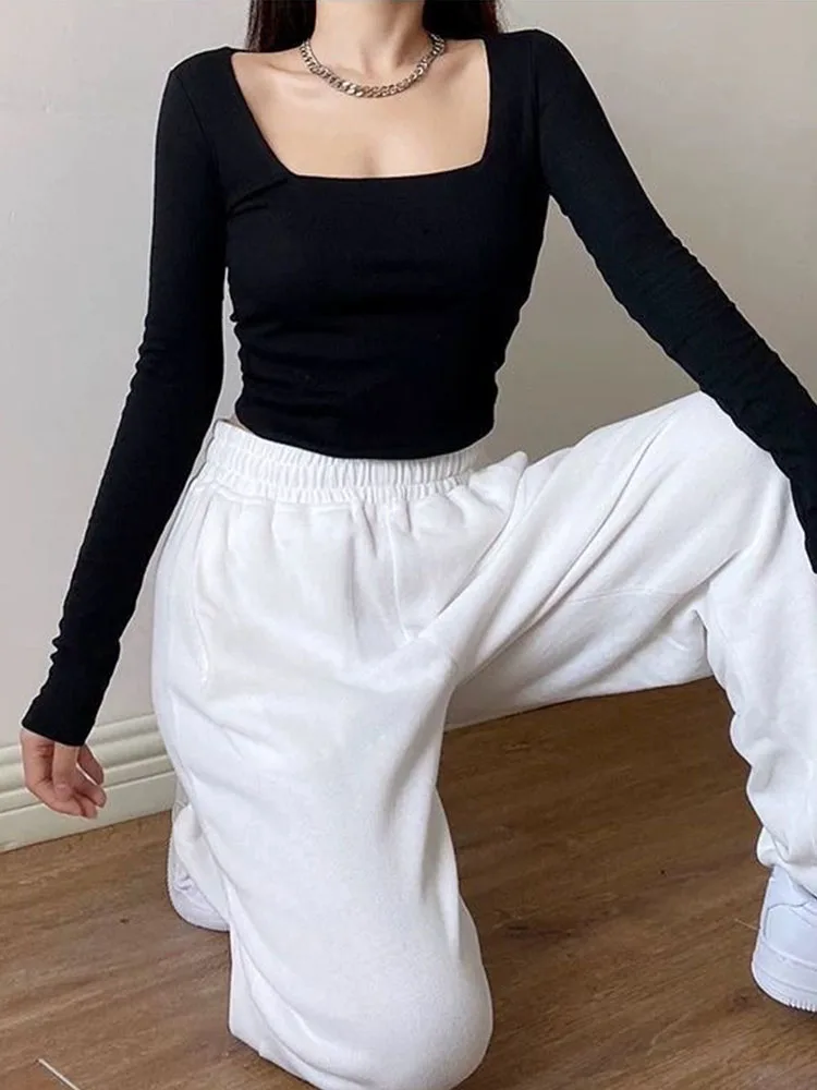 

Женская футболка с квадратным воротником и длинными рукавами в стиле ретро, облегающая базовая рубашка, короткий стиль на весну и осень