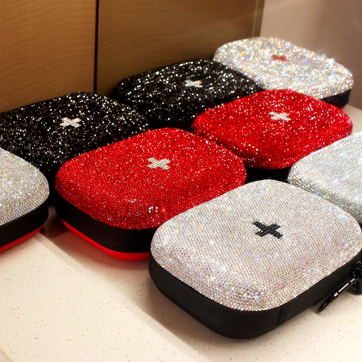 

Double-Layer Small Pill Case with Rhinestones Portable Travel Organizer Pill Holder Container Box Emergency Kit for Medicines