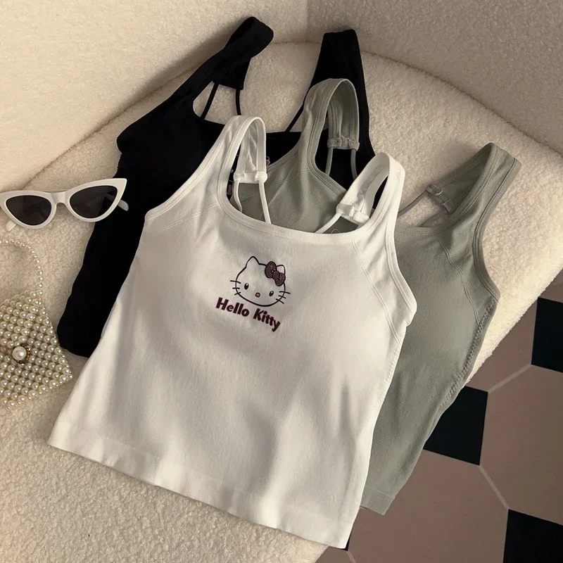 Sanurgente Hello Kitty-Haut Y2K avec coussretours de poitrine pour fille, joli haut court, blanc, bretelles sexy, cool, été, vêtements de mode, cadeau pour fille