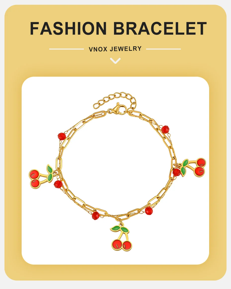 Vnox Boho Doppelschichtiges Vergoldetes Kirsch-Charm-Armband Süßes Niedliches Rotes Kristallperlen-Frucht-Armband Tägliche Accessoires Geschenk – Detail 1