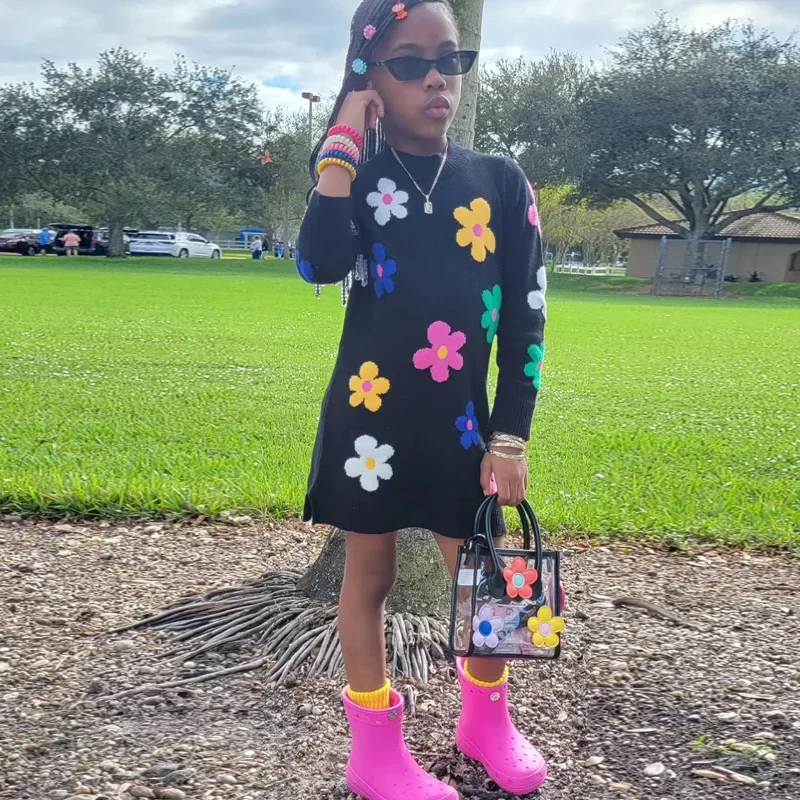 

Spring Autumn 2024 Girls Fashion Jersey Dress High Collar Pullover Flower Sweater Dresses Children's Casual Clothing For 2-7Y