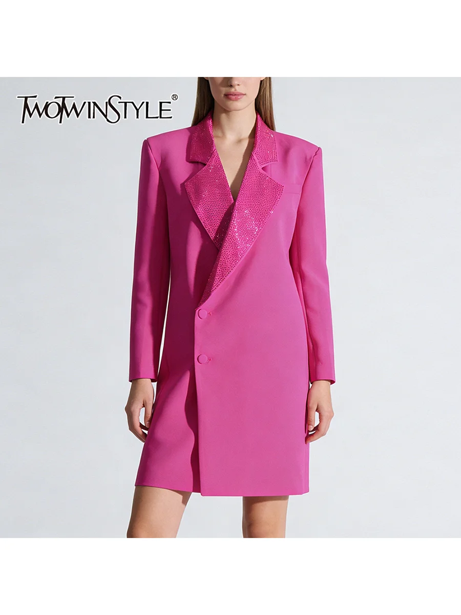 TWOTWINSTYLE Solid Slimming Spliced Hot Fix Fashion Long Blazers for Women Lapel Long Sleeves Tunic Minimalist Blazer Female New