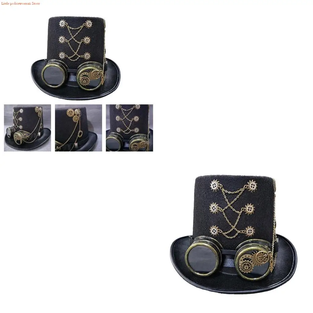 

F92D Women Halloween Gothic Top Hat Steampunk Gears Flat Top Hat with Goggles Unisex