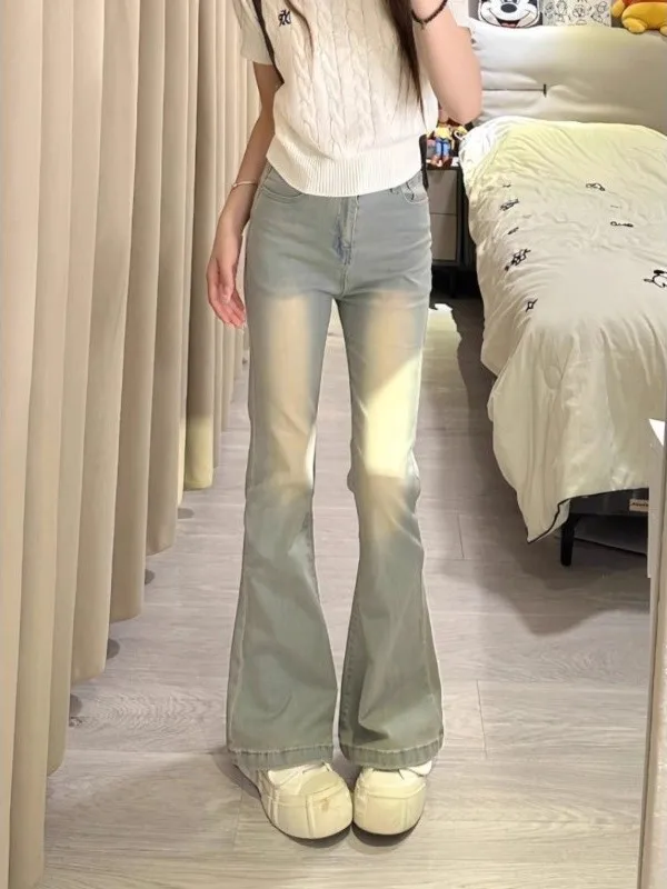 

Ретро джинсы-клеш светло-голубого цвета с высокой талией, на флисовой подкладке, утягивающие, эластичные, длинные брюки для женщин