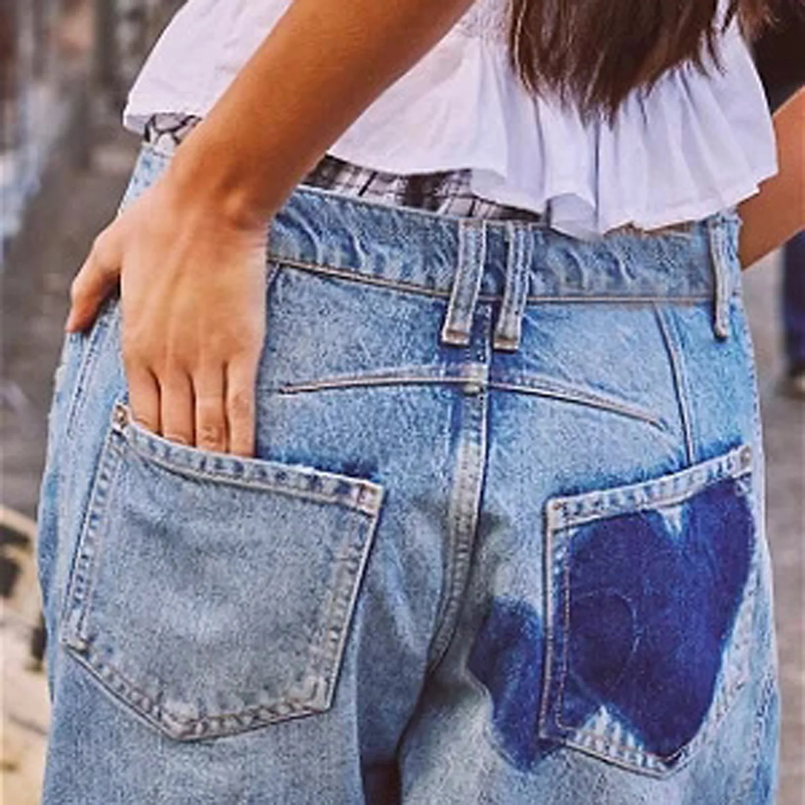 Pantalones vaqueros holgados de pierna ancha y cintura media para mujer, Vaqueros de barril recortados con estampado de corazón a la moda, pierna recta
