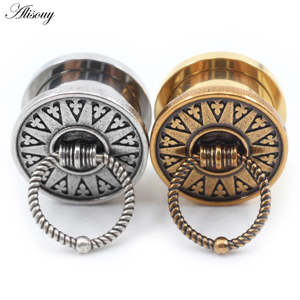 Alisouy 1 Piece Vintage Door Handle Knocker Cricle Stainless Steel Ear Tunnel Plug ExpanderEarrings Piercing Body Jewelry