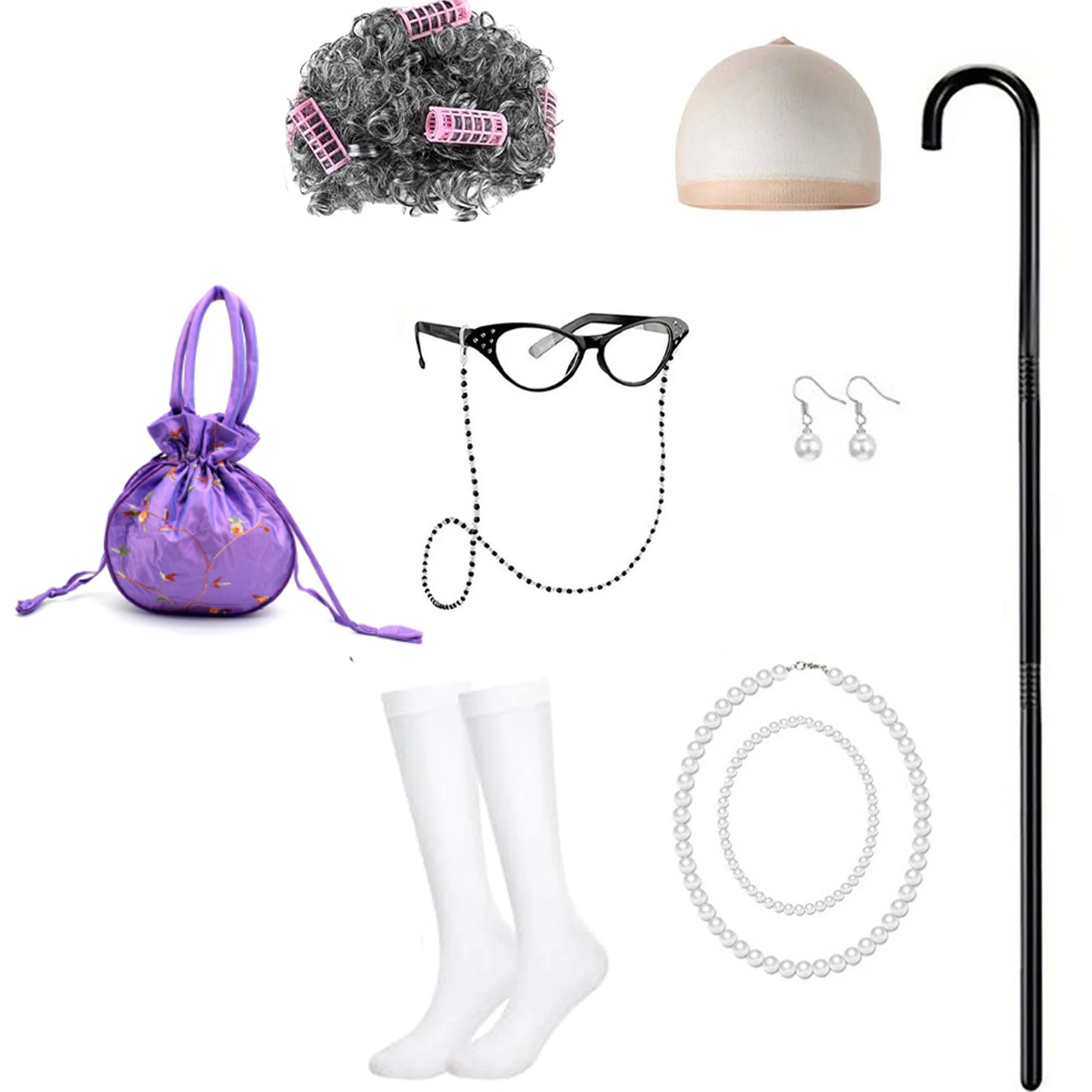 إكسسوارات أزياء السيدة العجوز حقيبة شعر مستعار للجدة للأطفال ملحقات قصب المشي فستان للسيدات والفتيات للفتيات من عمر 3 إلى 10 سنوات #4