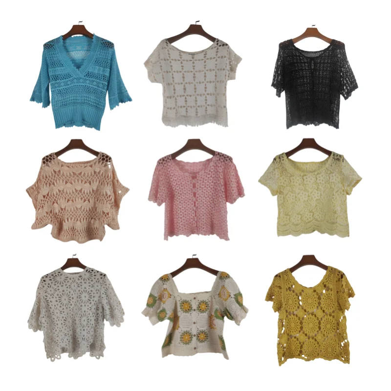 

Vintage Japanese Sle ort Sve Knitted Hollow out Summer Sweater Hooked Flower Tassel Overhead Women's Faion