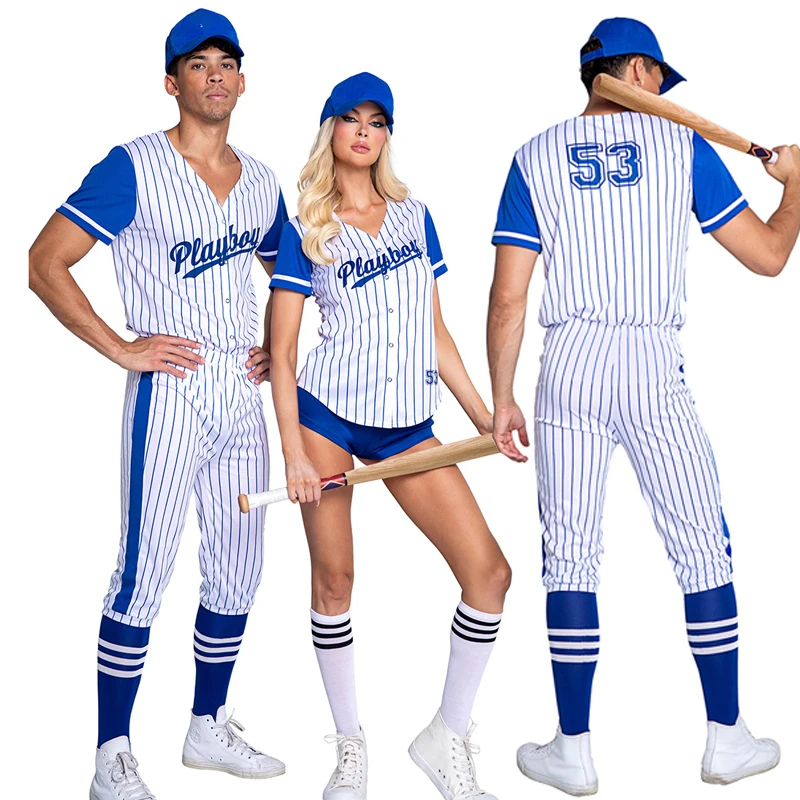 

New Adult Striped Sports Baseball Costume Set for Men Women Halloween Blue Striped Cheerleader Cosplay Uniform Suit Cheerleading