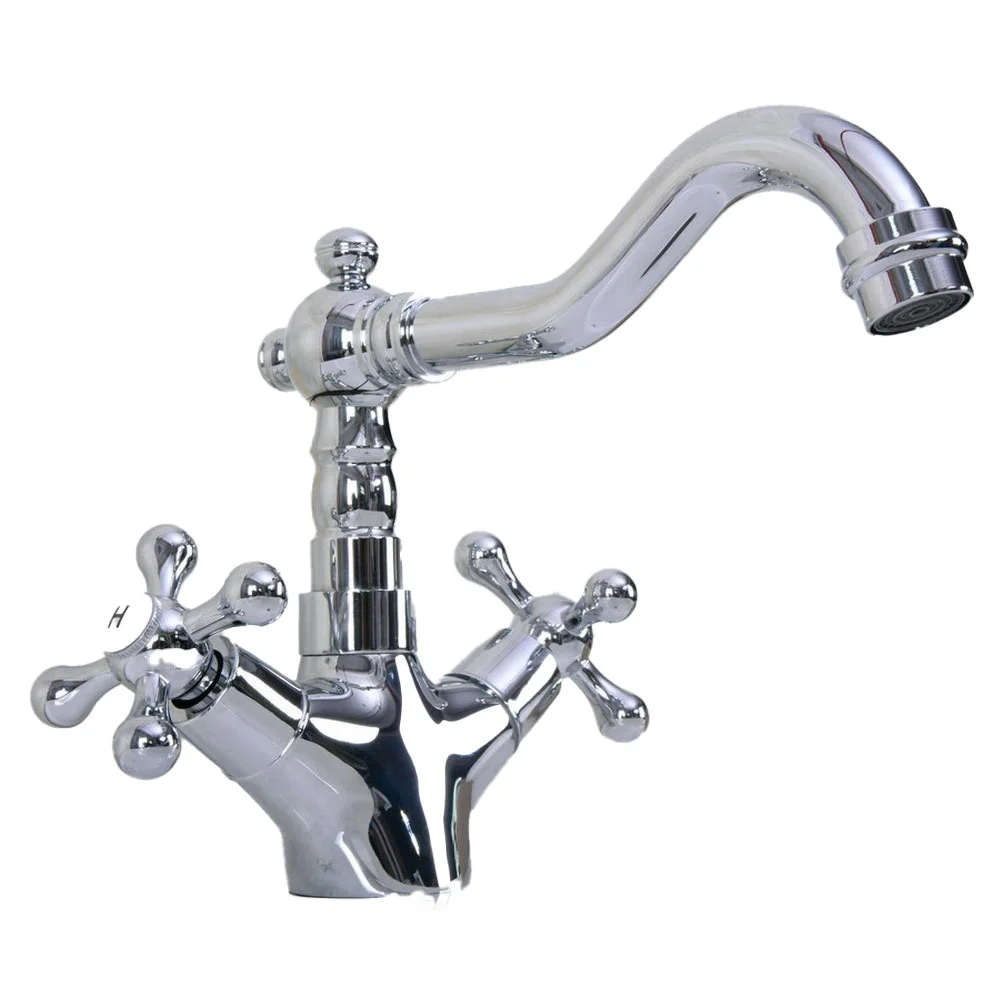 Polished Chrome Bathroom Sink Faucet Spout Double Cross Handle Bath Mixer Hot and Cold Tap tnf918