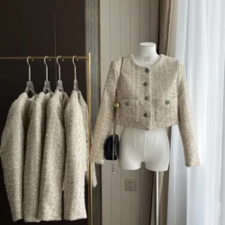 Women's Elegant Squined Tweed Long Sleeve O Neck Short Jacket Lady High Street Single Breasted Glitter Short Outwear Top