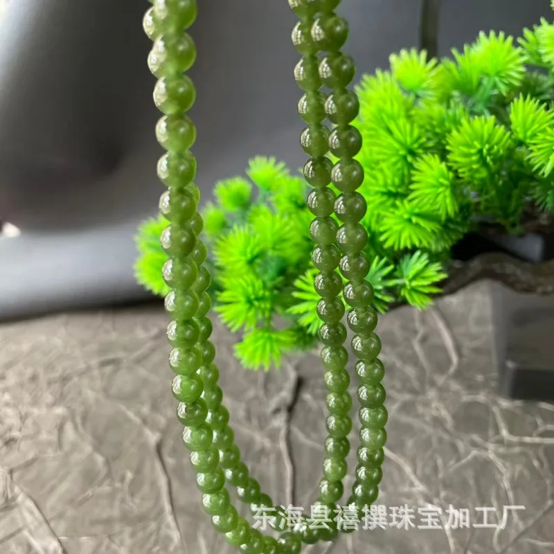 Natural Hetian Russian Jade 108 Round Beads Long Chain 6Mm Spinach Green Women'S Multi-Loop Bracelet