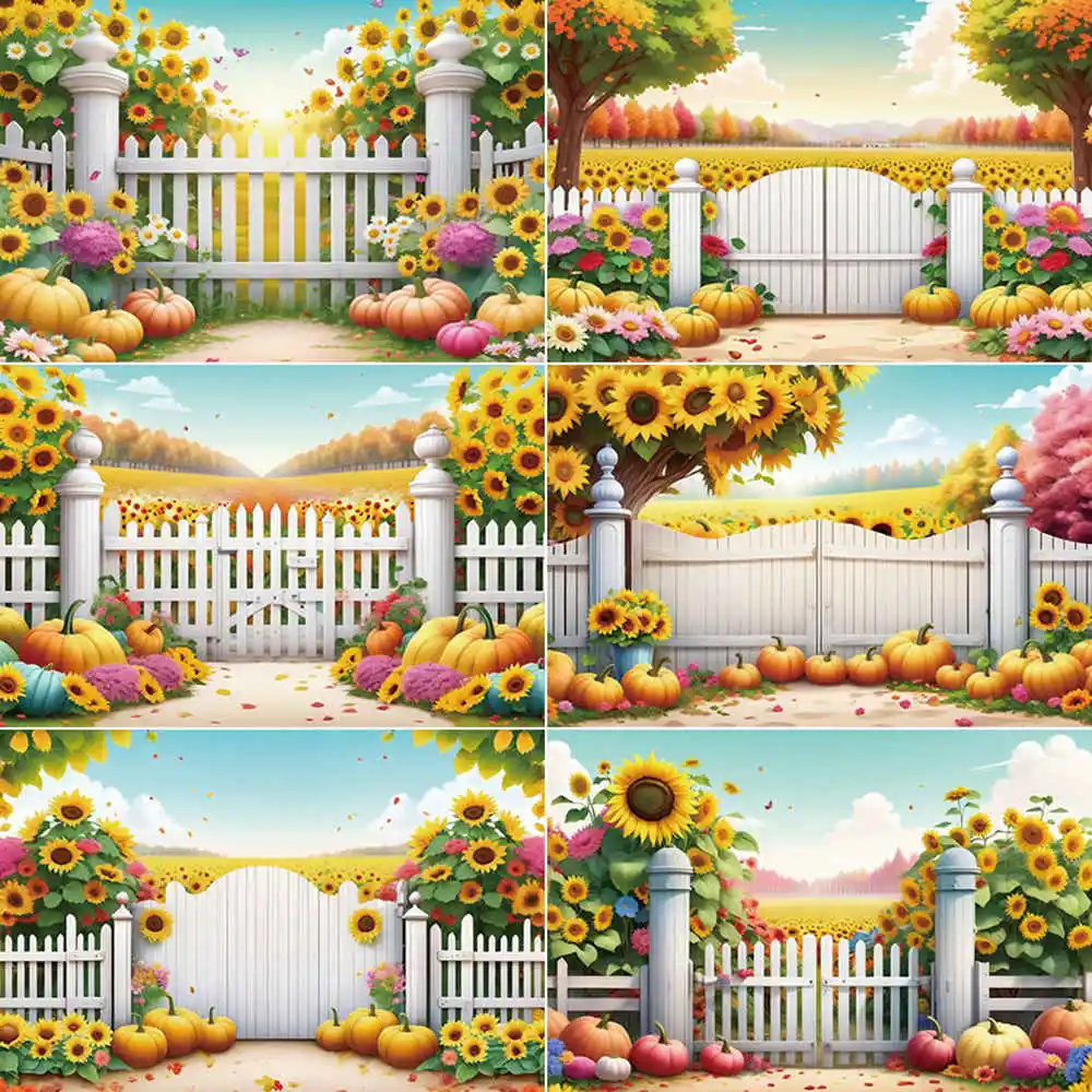 

MOON.QG Autumn Sunflower Field Photo Studio Background Thanksgiving Pumpkin White Fence Photograph Backdrop Home Party Back Drop