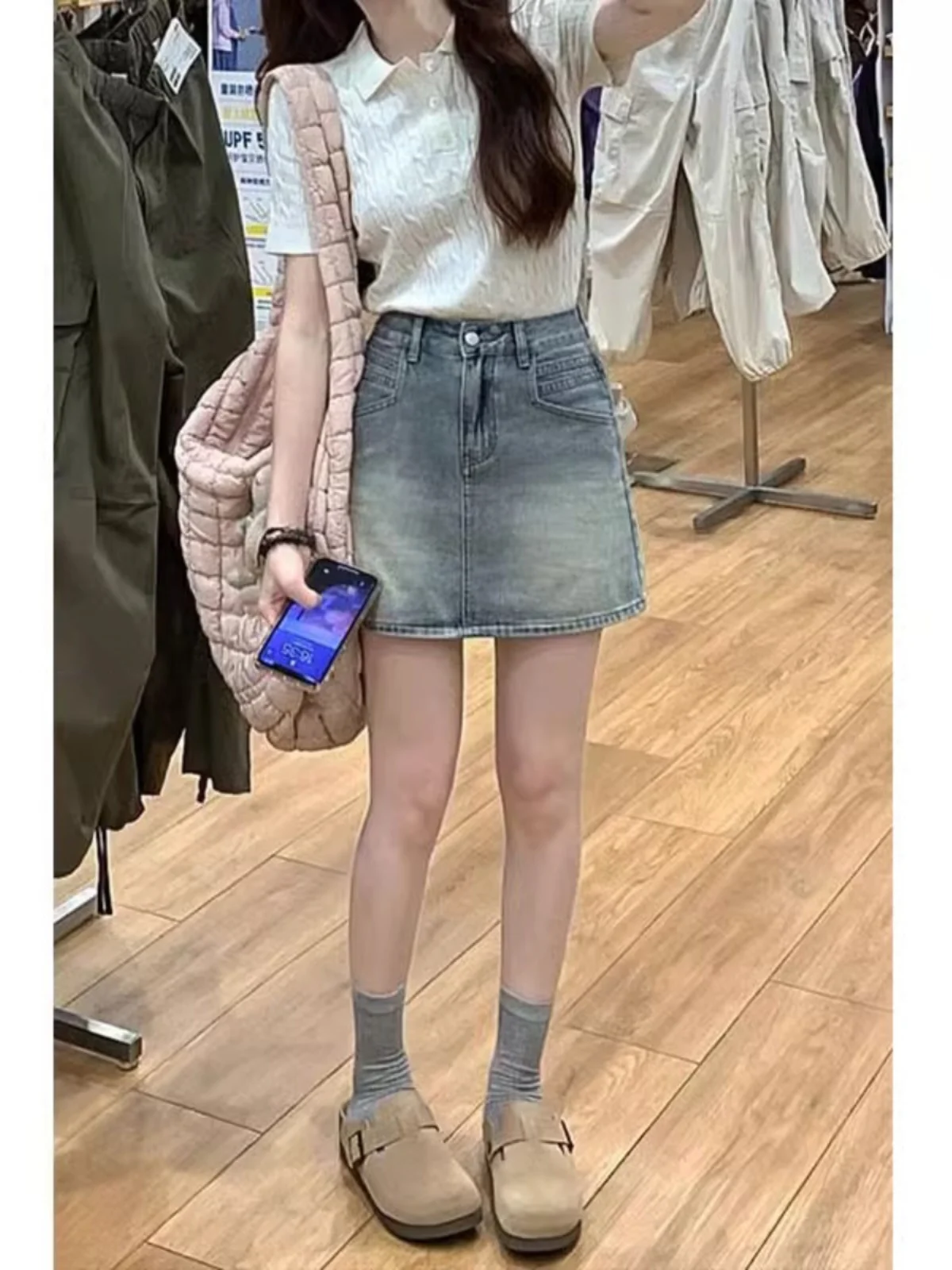 

Blue High Waist Denim A-Line Skirt Women plus Size Conceal Hip Slimming Design Wrap around ort Skirt Korean Sle