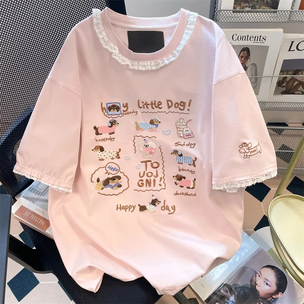 

Off Pink Lace Trim ort Sve T-irt Women's Summer Sweet Sausage Dog Embroidery Top Age-Defng oulder Design
