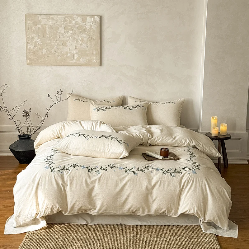 Natural Cotton Linen Blend Flowers Embroidery Luxury Bedding Set Breathable All Seasons Duvet Cover Bed Sheet Pillowcases 4Pcs